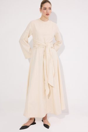 NATURAL TEXTURED BELT DETAILED DRESS